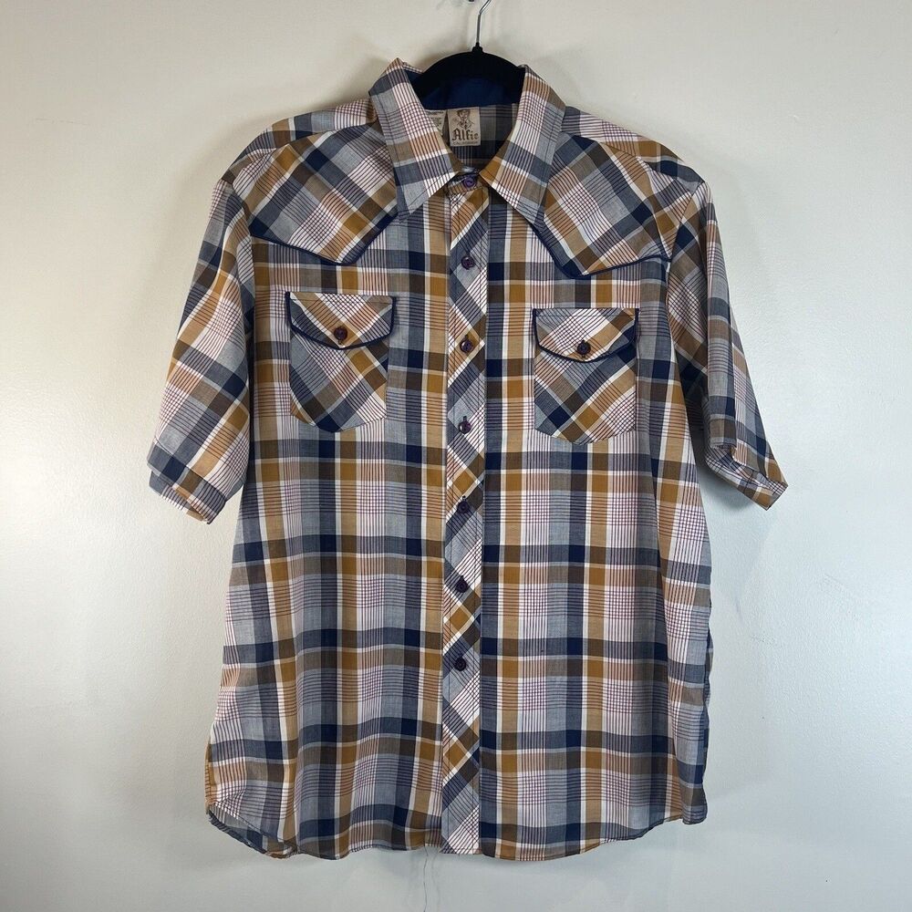 Alfie California VTG Blue Tan Plaid Button Up Short Sleeve Shirt 17.5 Neck XL
